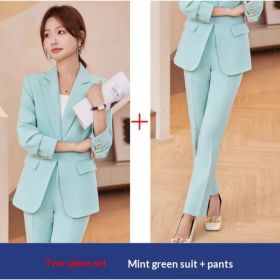 2pcs Casual Suit Lapel Button-down Blazer Jacket And Straight-leg Pants Office Commuting Business Trousers Set Clothing (Option: Light Green 2PCS-M)