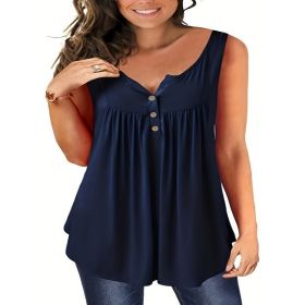 Self-pick-up Women's Plus Size Sleeveless Top V Neck Button Casual T-Shirt Only Self-pickup Is Supported (Option: Navy Blue-4XL)