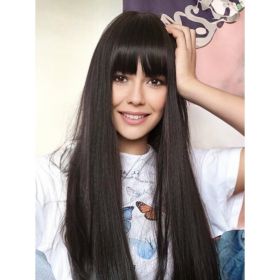 Self-pickup 18inch Natural Black Wig With Bangs Long Wavy Curly Glueless Fringe Unit Heat Resistant Synthetic Middle Part Full Machine Made No La (Option: SUE131B)