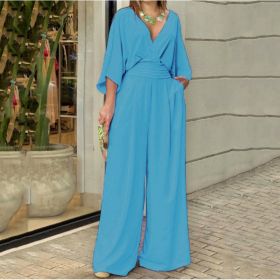 Women's Jumpsuit V-neck Solid Color Summer Trendy Fashion Short-sleeved Street Casual Jumpsuit Suit For Women Clothing (Option: Peacock Blue-L)