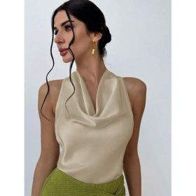 Women Solid Color Swing Collar Sleeveless Vest Trendy Elegant Shirt With Halter Neckline Backless Short Sleeve Tops Tshirts (Option: Apricot-S)