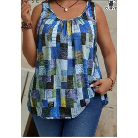 Plus Size Women's Summer Geometric Printed Round Neck Pleated Casual Tank Top (Option: Blue-3XL)