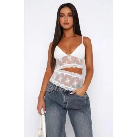 Lace Stitched Backless Small Sling Women V Neck Tank Top Underwear Vest Candy Color Bralette Clothes (Option: WHITE-S)