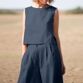 Women's Solid Color Retro Cotton And Linen Long Sleeve Loose Cotton Suit (Option: Dark Blue-S)