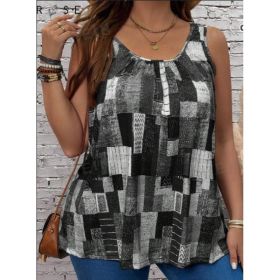 Plus Size Women's Summer Geometric Printed Round Neck Pleated Casual Tank Top (Option: Black-3XL)