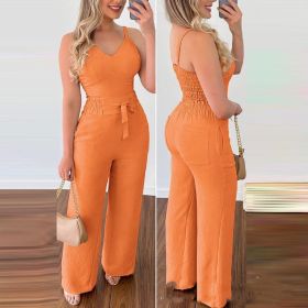 Women's Camisole Straight-leg Pants Casual Suit (Option: Orange-L)
