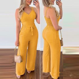 Women's Camisole Straight-leg Pants Casual Suit (Option: Yellow-S)