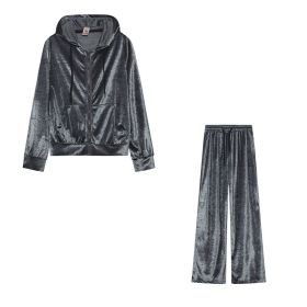Fashion Rhinestone Velvet Sports And Leisure Suit Two-piece Set (Option: Gray-S)