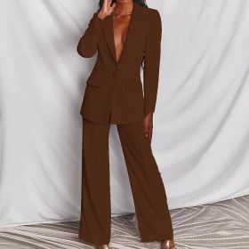 2pcs Casual Suit Lapel Button-down Blazer Jacket And Straight-leg Pants Office Commuting Business Trousers Set Clothing (Option: Brown-XS)