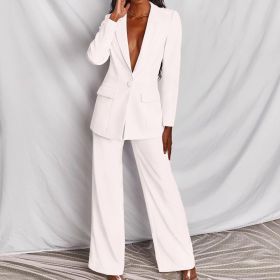 2pcs Casual Suit Lapel Button-down Blazer Jacket And Straight-leg Pants Office Commuting Business Trousers Set Clothing (Option: WHITE-L)