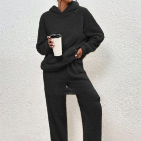 Fleece-lined Hooded Long Sleeve Dimensional Patch Pocket Casual Trousers Solid Color Suit (Option: Black-S)