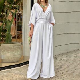 Women's Jumpsuit V-neck Solid Color Summer Trendy Fashion Short-sleeved Street Casual Jumpsuit Suit For Women Clothing (Option: White-3XL)