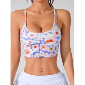 Women's Summer New Cross Thin-Strap Floral Print Daily Sports Bra (Option: Blue violet flower-S)