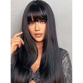 Self-pickup Long Natural Black Wigs For Women,Natural Black Wigs With Bangs Layered Shoulder Length Synthetic Wig For Daily Party  24 Inch (Option: SUE21B)