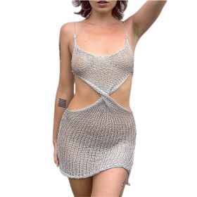 Women's Sexy Open Back Hollow Suspender Dress Bodycon Mini Nightclub Party Dress (Color: Silver, size: S)