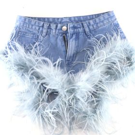 Summer Low Waisted Solid Color Patchwork Feather Shorts Sexy Hot Shorts for Women (Color: Blue, size: Meduim)