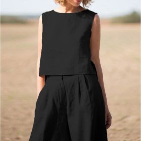 Women's Solid Color Retro Cotton And Linen Long Sleeve Loose Cotton Suit (Option: Black-XXXL)