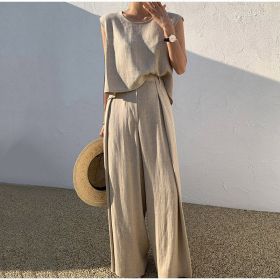 Cotton And Linen Casual Sleeveless Top Wide Leg Pants Two-piece Set (Option: KHAKI-M)