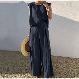Cotton And Linen Casual Sleeveless Top Wide Leg Pants Two-piece Set (Option: Navy Blue-M)