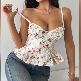 Women's Floral-print Asymmetrical Ruffled Top (Option: Color-M)