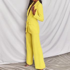 2pcs Casual Suit Lapel Button-down Blazer Jacket And Straight-leg Pants Office Commuting Business Trousers Set Clothing (Option: Yellow-M)