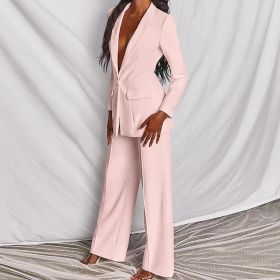 2pcs Casual Suit Lapel Button-down Blazer Jacket And Straight-leg Pants Office Commuting Business Trousers Set Clothing (Option: Pink-M)