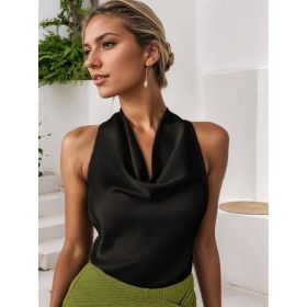 Women Solid Color Swing Collar Sleeveless Vest Trendy Elegant Shirt With Halter Neckline Backless Short Sleeve Tops Tshirts (Option: Black-L)