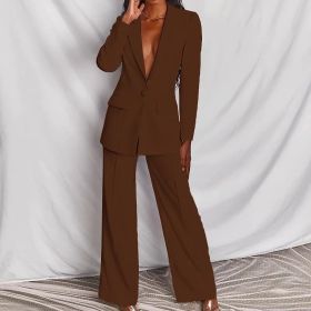 2pcs Casual Suit Lapel Button-down Blazer Jacket And Straight-leg Pants Office Commuting Business Trousers Set Clothing (Option: Brown-L)