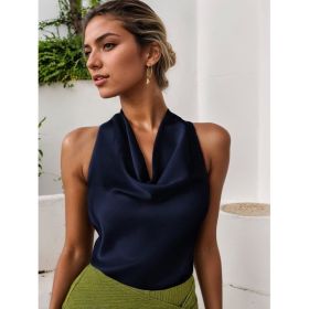 Women Solid Color Swing Collar Sleeveless Vest Trendy Elegant Shirt With Halter Neckline Backless Short Sleeve Tops Tshirts (Option: Blue-XL)