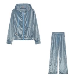 Fashion Rhinestone Velvet Sports And Leisure Suit Two-piece Set (Option: Light Blue-XXL)