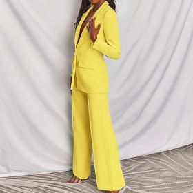 2pcs Casual Suit Lapel Button-down Blazer Jacket And Straight-leg Pants Office Commuting Business Trousers Set Clothing (Option: Yellow-L)