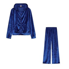 Fashion Rhinestone Velvet Sports And Leisure Suit Two-piece Set (Option: Blue-XXL)